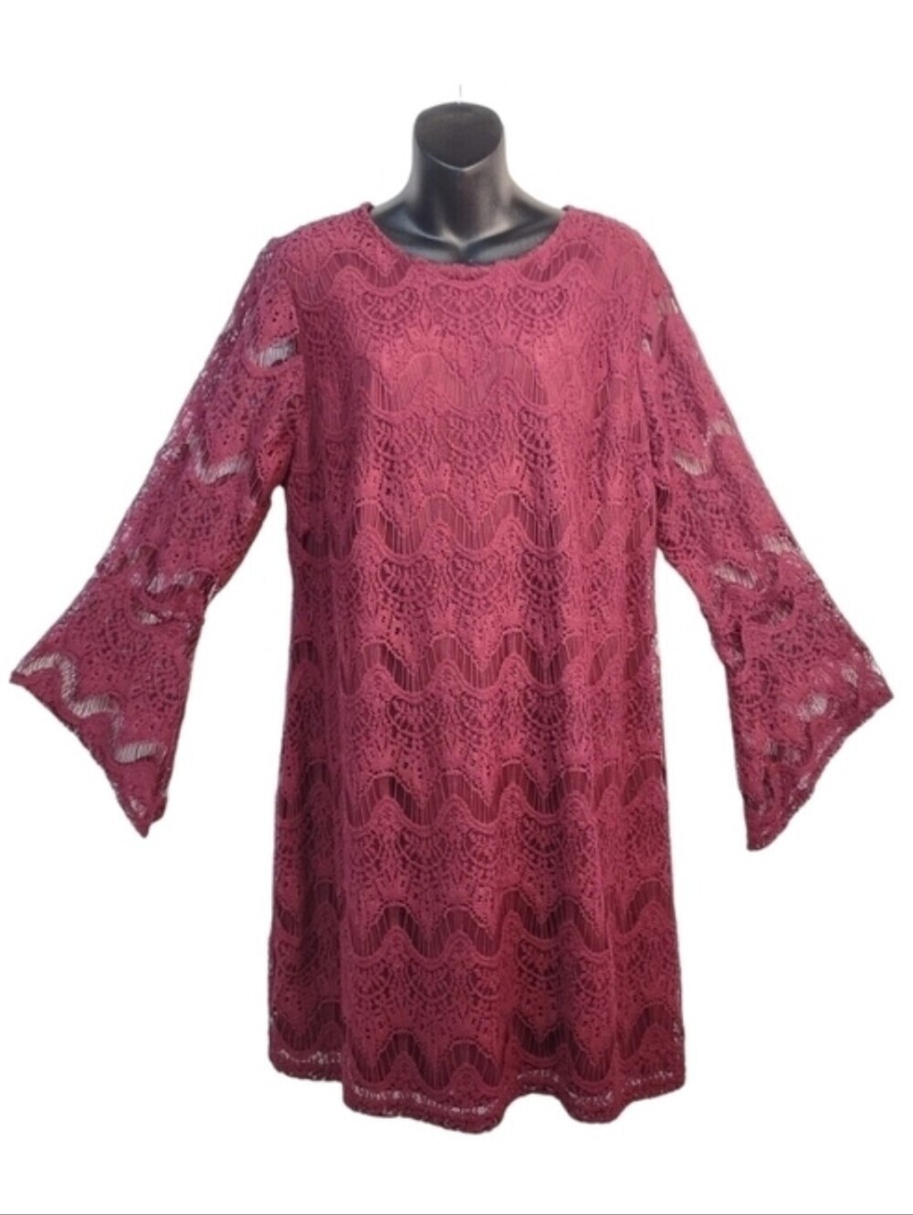 American Rag Cie Women's Burgundy Lace Dress Round Neck Flare Cuff Size 1X NWT